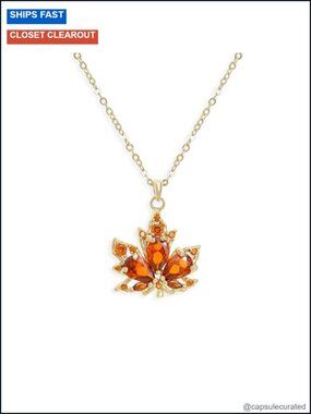 Dainty Maple Leaf Pendant Necklace with Orange CZ Rhinestones Brass Link